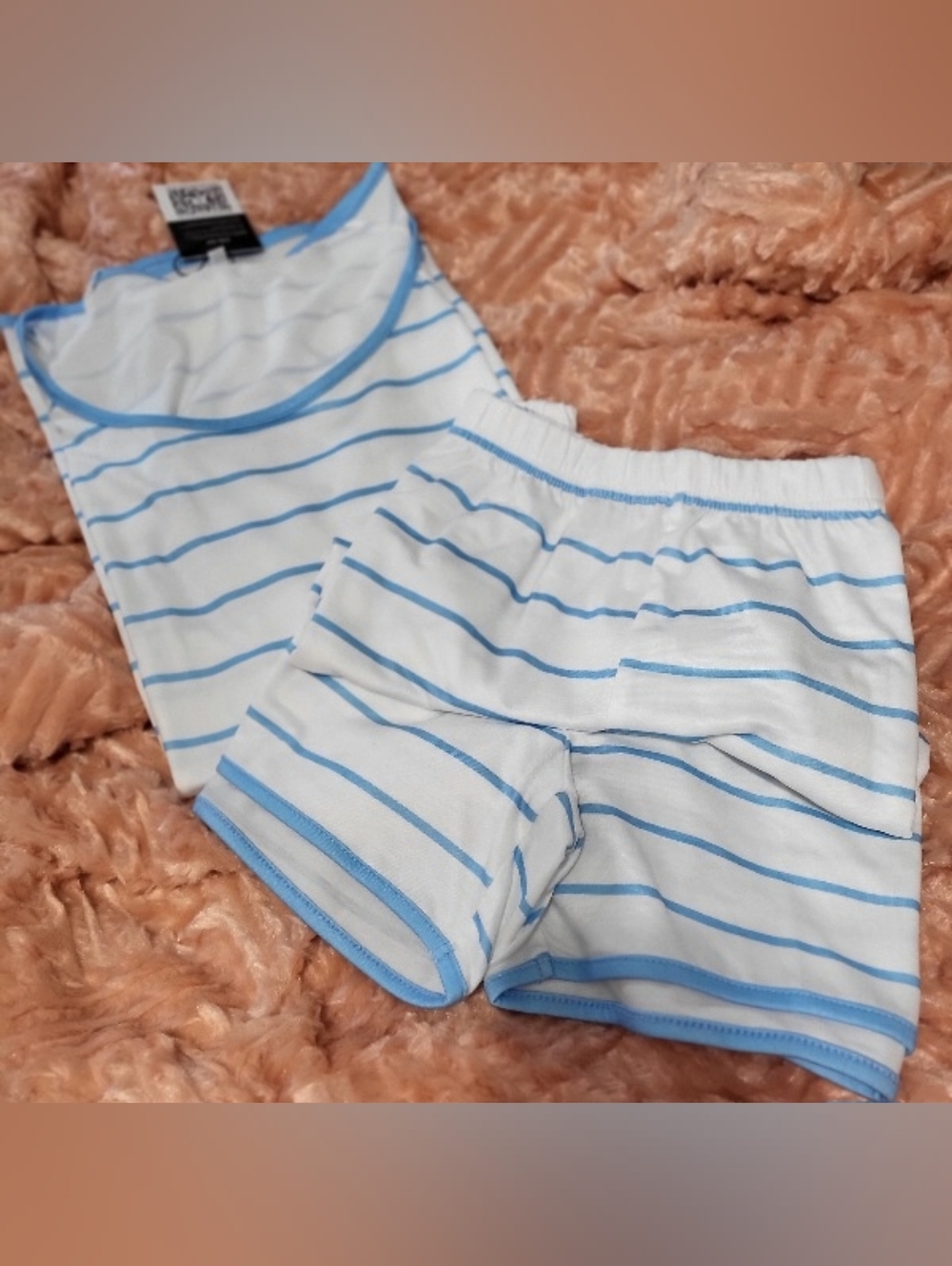 Two Piece Striped Summer Pajama Set Short Sleeves & Shorts Size Large Blue & Wht